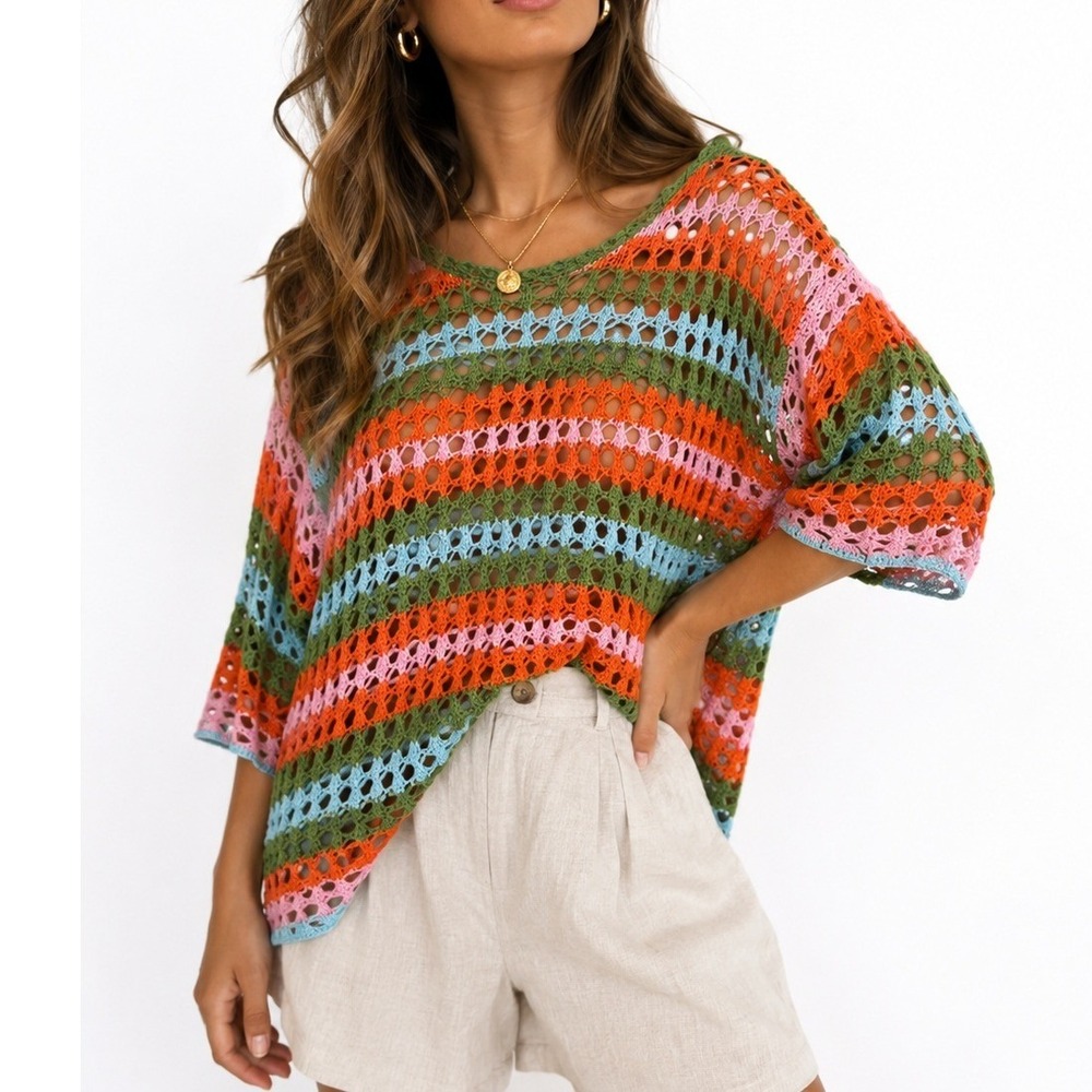 DOKOTOO Crochet Knit Top Oversized Boho Colorblock Open Weave Sweater Medium